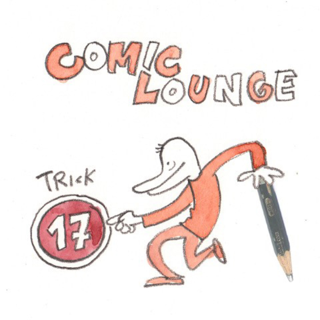 Comic Lounge mit Comicfigur und Stift und Schriftzug Trick 17