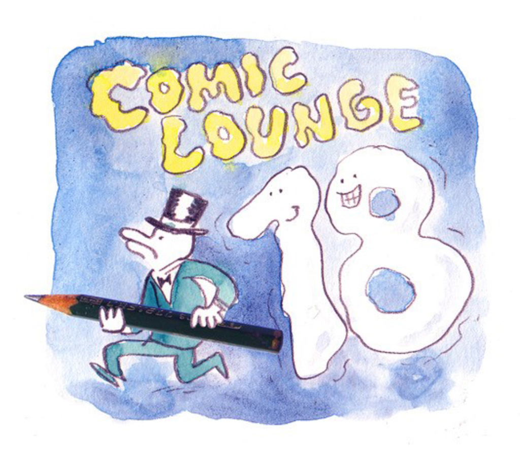Comic Lounge mit Comicfigur mit Stiftt und Zahl 18