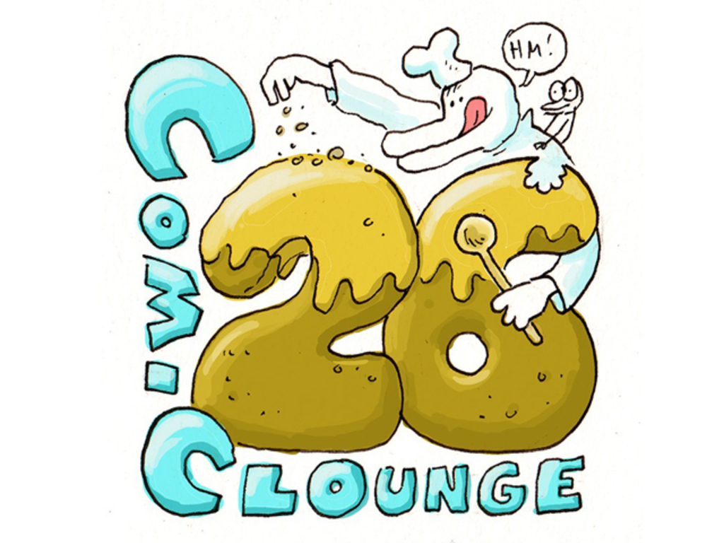 Eine Comicfigur mit Kochlöffel streut Streusel auf eine 26