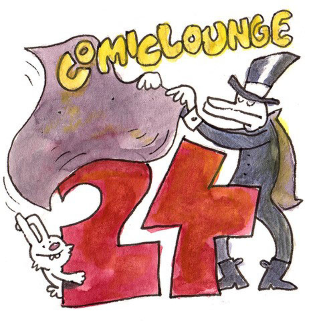 Comicfigur Zauberer weht ein Handtuch über eine 24, ein Hase spinkst um die Ecke