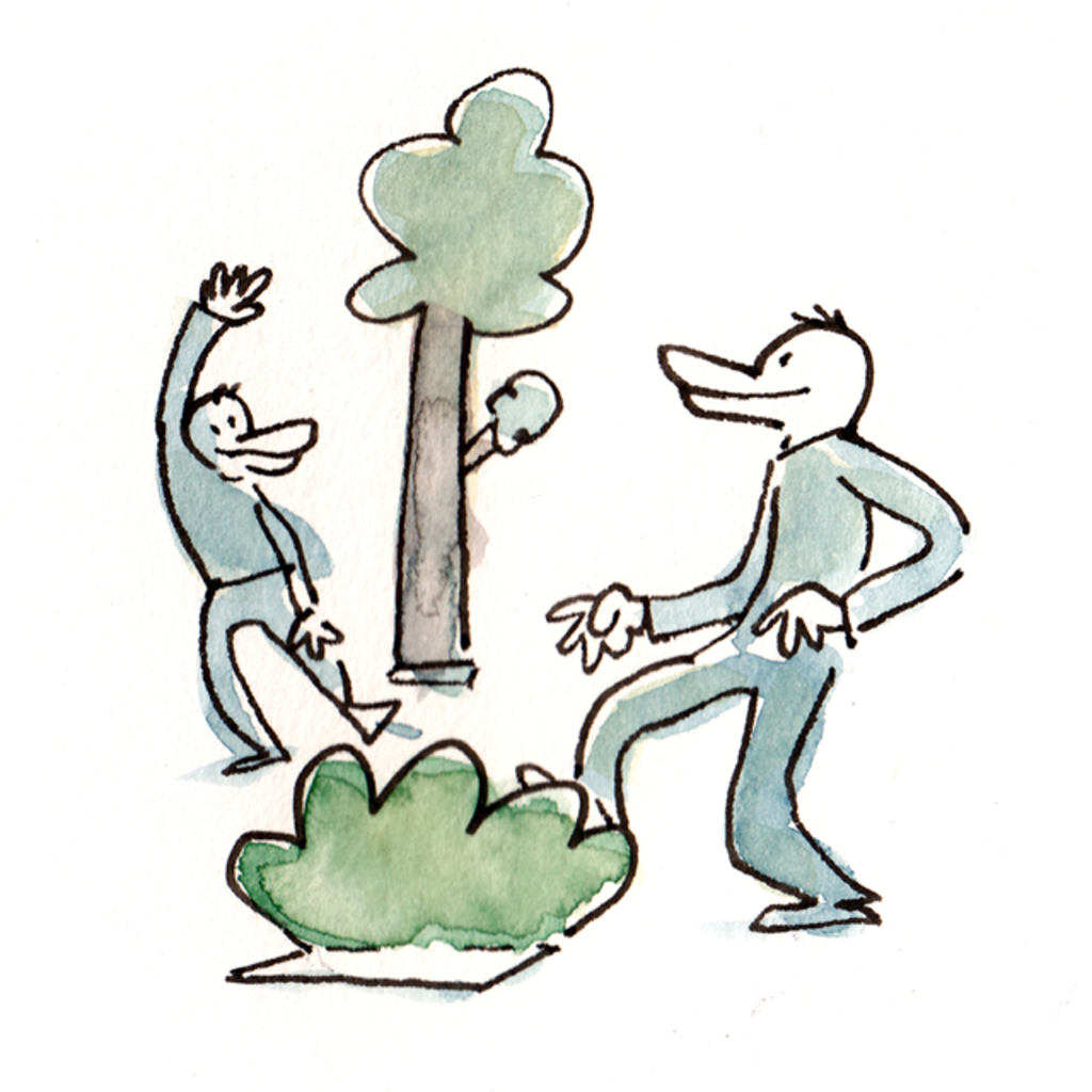 Zwei Comicfiguren mit einem Baum und Busch