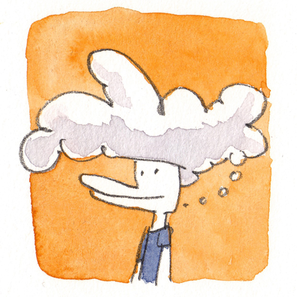 Comicfigur mit Ideenwolke als Haare