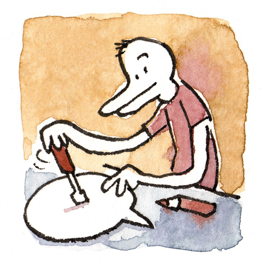 Comicfigur schraubt an einer Sprechblase