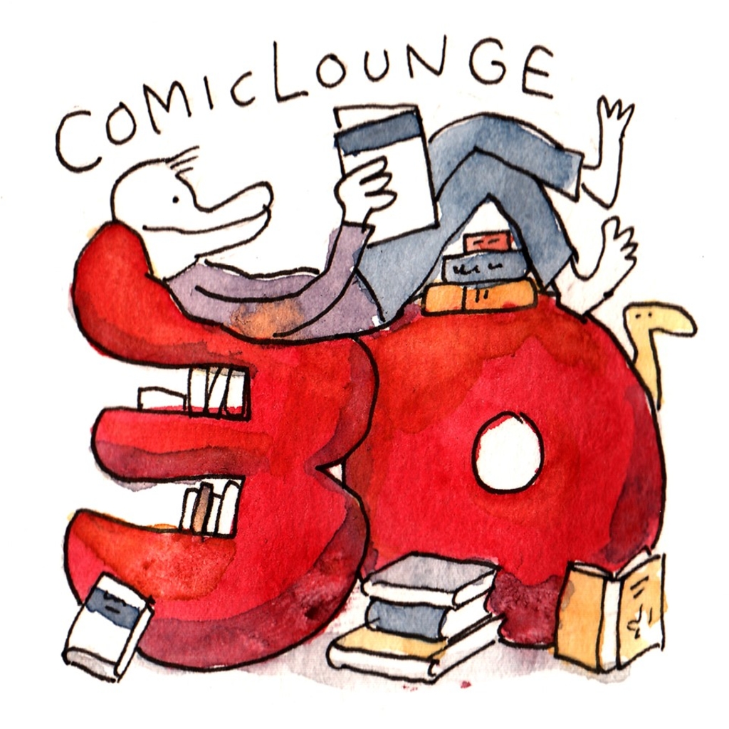 Lesende Person mit der Zahl 30 und Schriftzug Comiclounge