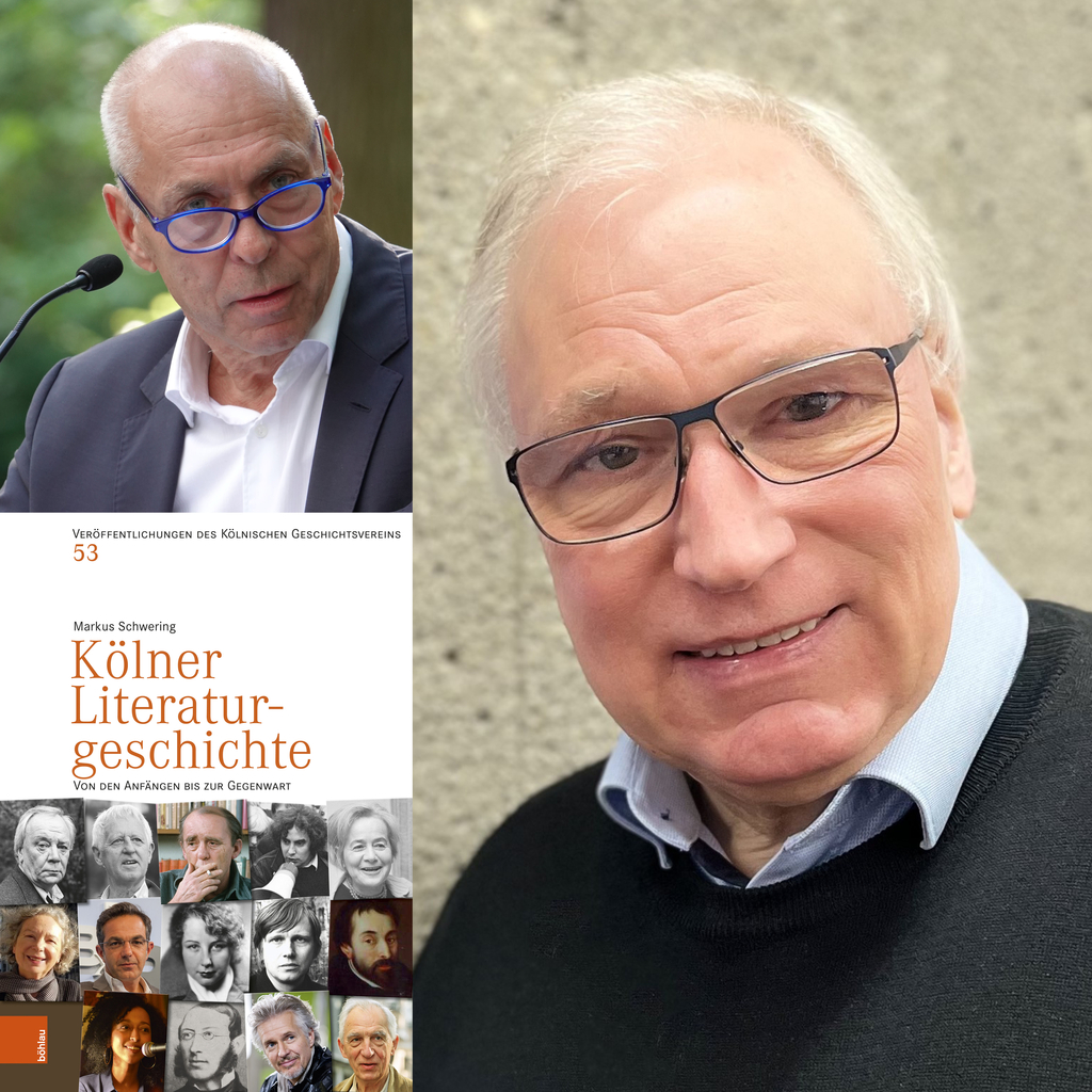 Collage aus Portraits von Autor und Moderator und einer Abbildung des Buchcovers