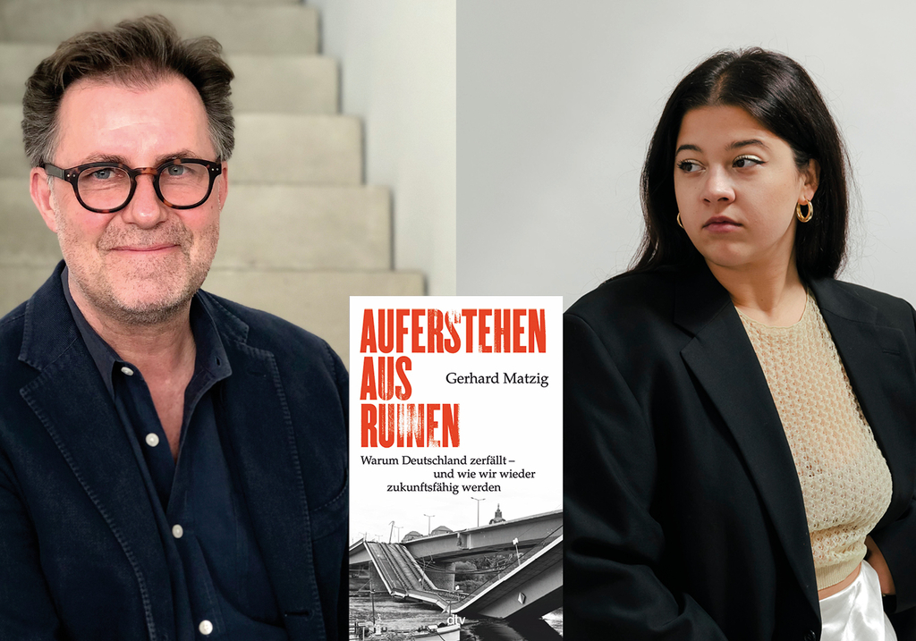 Buchcover und Autorenfoto sowie Portrait der Moderatorin Auferstanden aus Ruinen von Gerhard Matzig