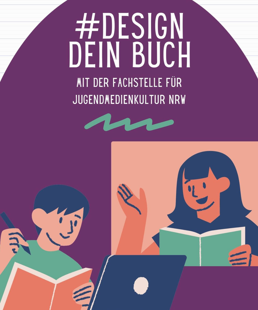 grafisch gestaltetes Werbeplakat zur Veranstaltung: Eine Mutter und ein Kind mit Büchern in der Hand, der Sohn schaut auf ein Tablet und hält einen Stift in der Hand