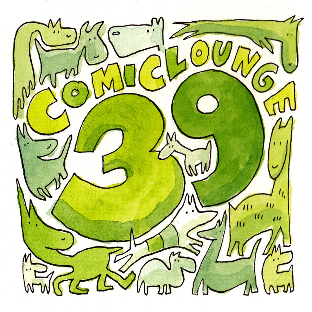 grüne skizzierte Tierwesen mit einer großen 39 in der Mitte und dem Schriftzug "Comic Lounge"