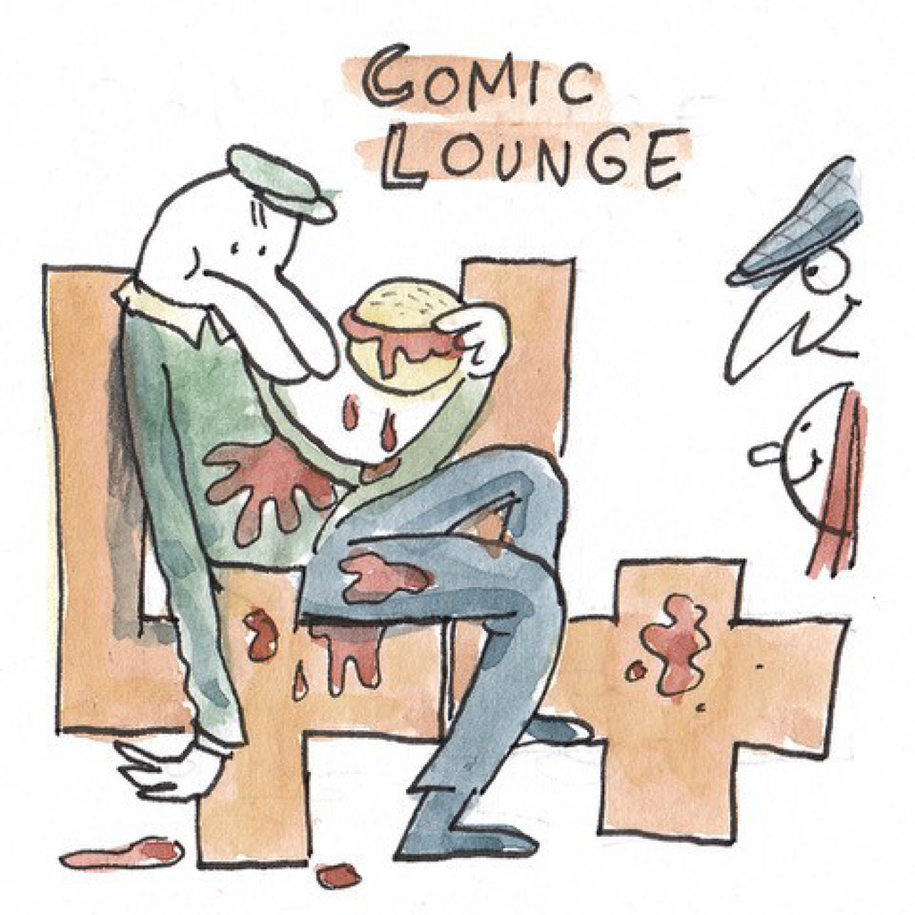 Zeichnung zur Comic Lounge 44: Ein Mann, der kleckernd einen Burger isst