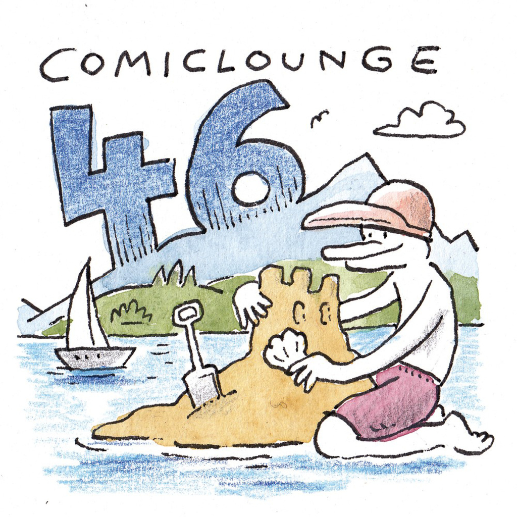 Comic einer Figur, die am Wasser eine Sandburg baur. Im Hintergrund Berge und eine 46.