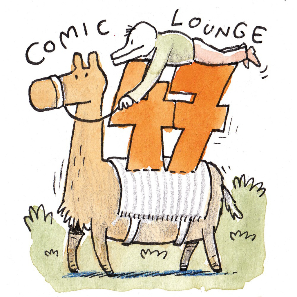 Ein Comic einer Figur, die bäuchlings auf einer 47 liegt, die wiederum auf dem Rücken eines Alpakas steht