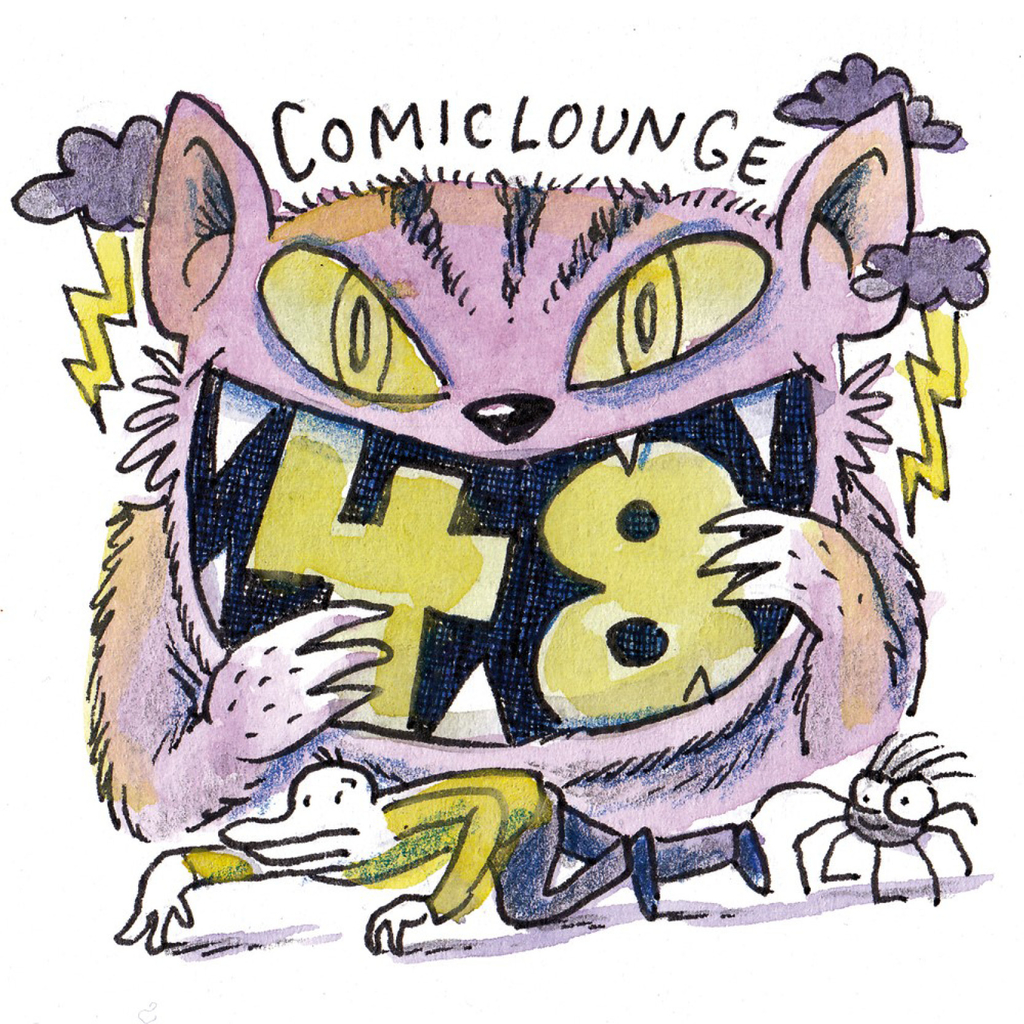 Comic einer großen, lilanen Katze, die eine 48 auffrisst, während eine andere Figur sich wegschleicht