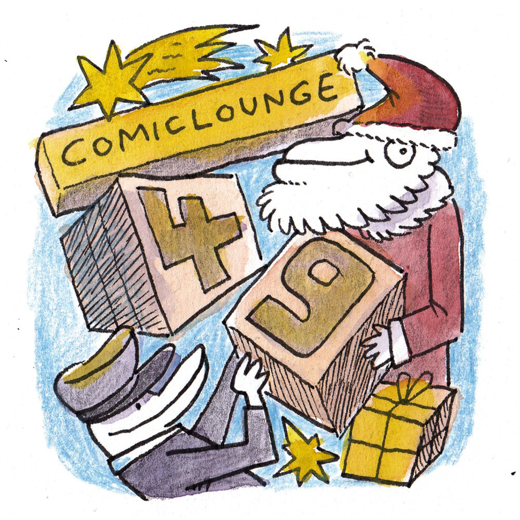 Comic eines Weihnachtsmannes, der Päckchen mit der Aufschrift 49 an einen Postboten übergibt