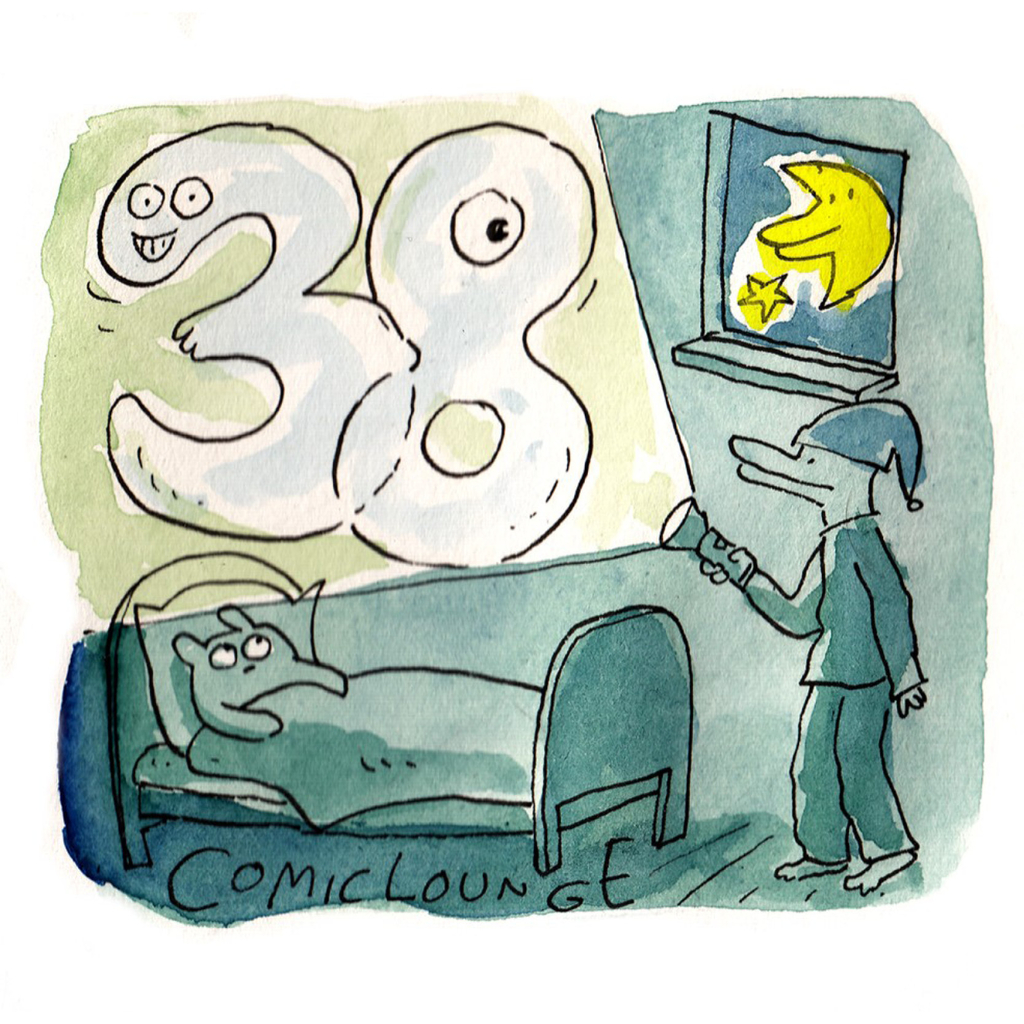 Comic Lounge 38 - Ein Bett mit einer Figur, eine andere Comicfigur leuchtet auf eine 38 an der Wand, der Mond scheint zum Fenster