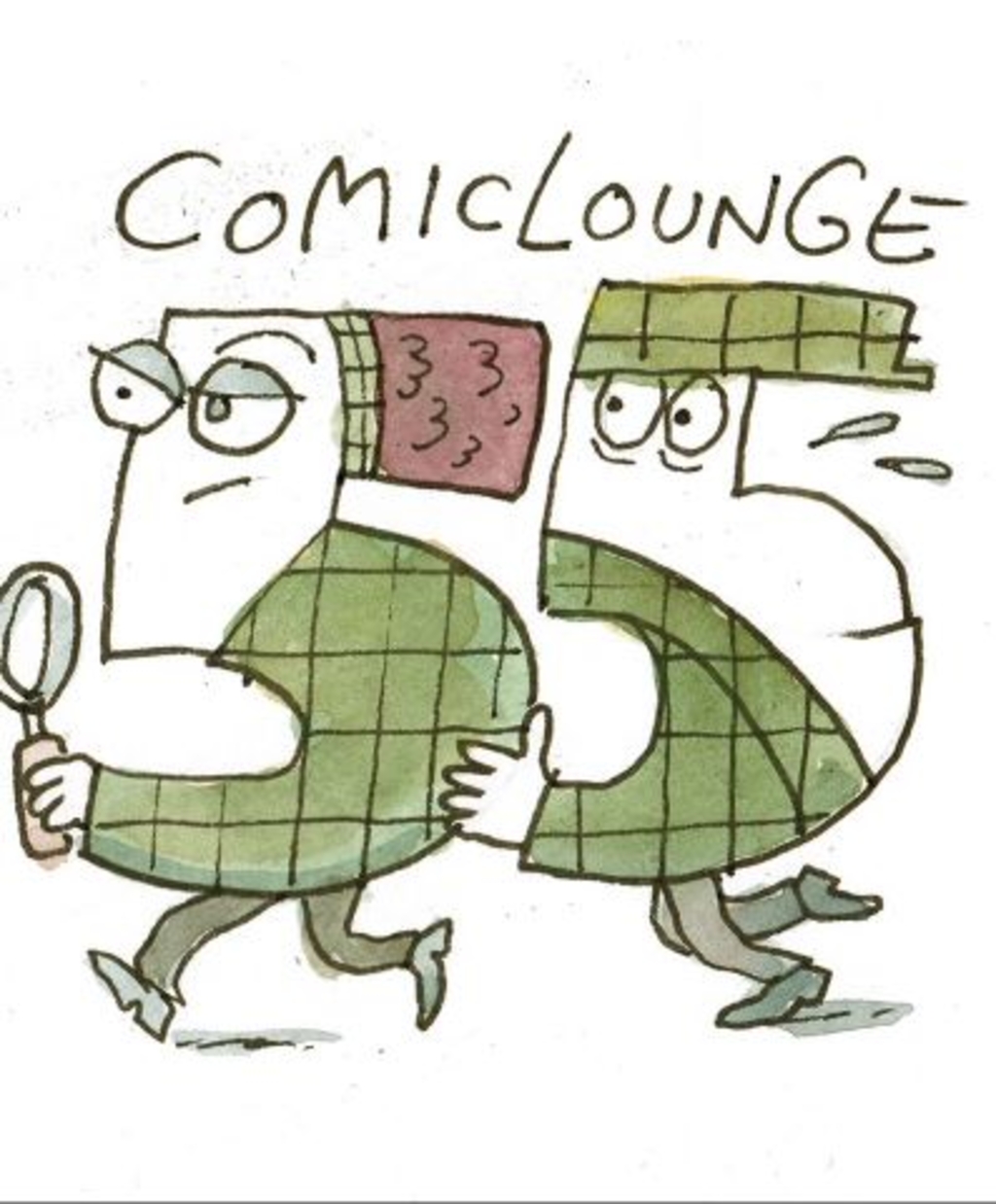 Zahl 55, verkleidet wie Detektive, Schriftzug Comiclounge