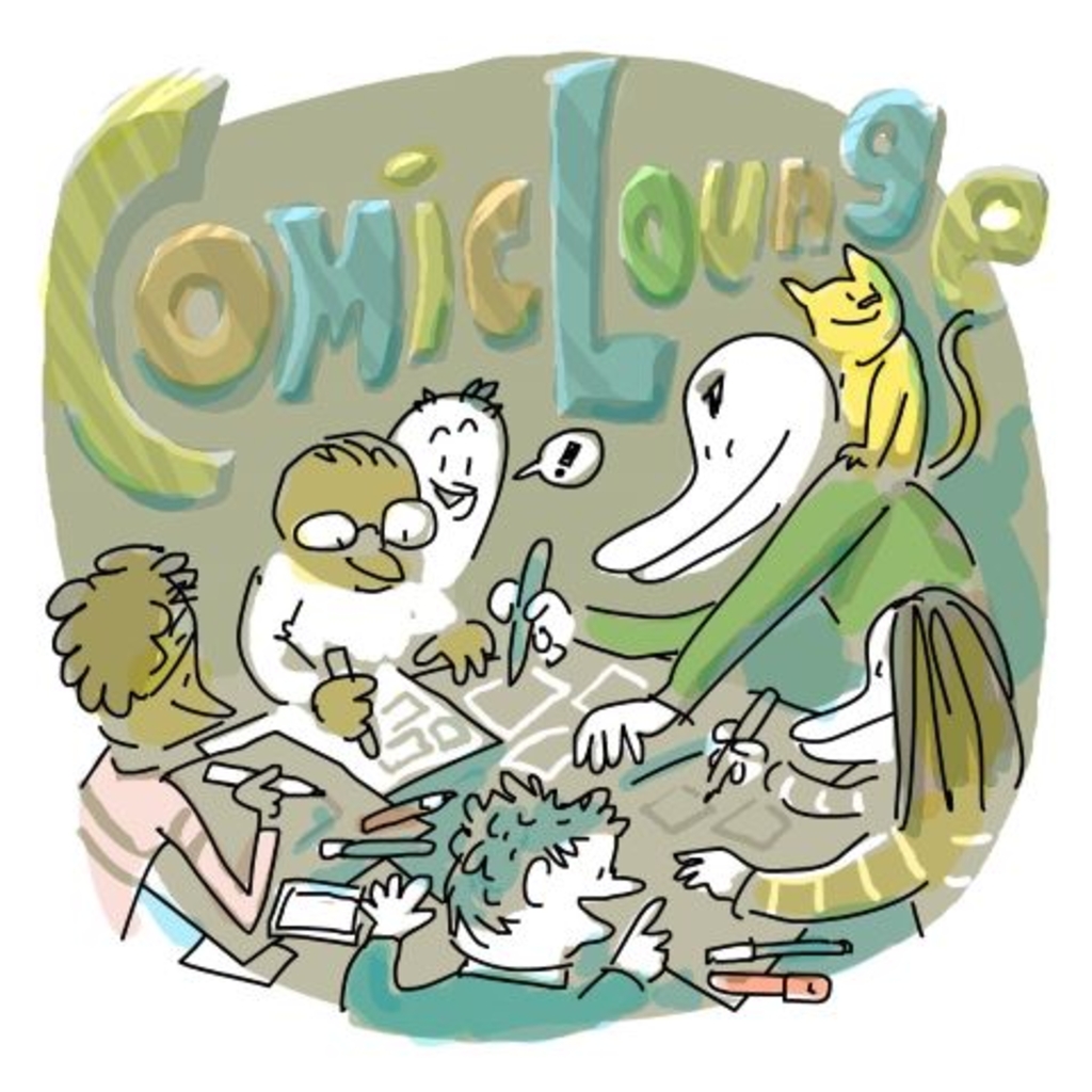 Schriftzug ComicLounge, mehrere Figuren die gemeinsam zeichnen