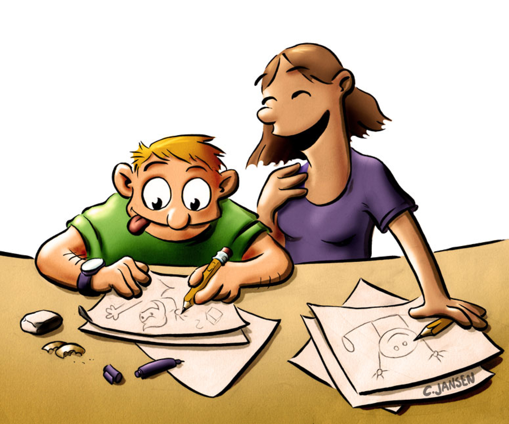 Digitale Comiczeichnung von einer Frau und einem Jungen beim Zeichnen von Comics