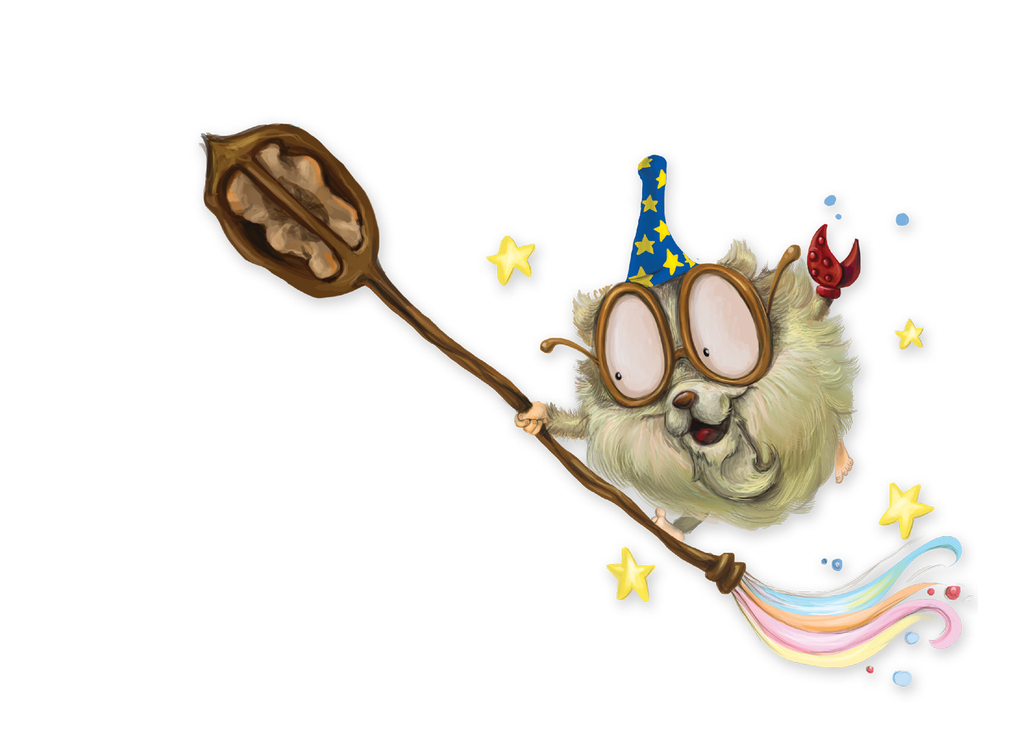 Ein "Mott" mit Zauberhut und Brille fliegt mit einem Zauberbesen in die Luft