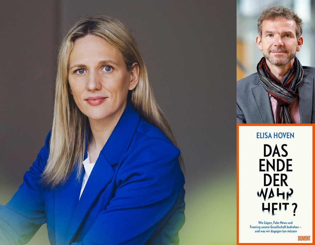 Collage zur Veranstaltung mit Portäts der Autorin und des Moderators sowie einer Coverabbildung des besprochenen Buches