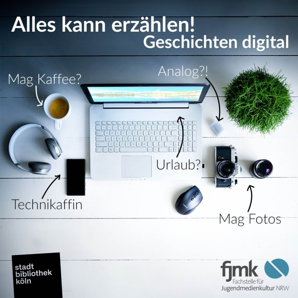 grafisch gestaltetes Werbeplakat zur Veranstaltung: Laptop, Kaffeetasse, Kamera, Smartphone - daneben Schriftzüge mit Pfeilen auf die Gegenstände wie "Technikaffin" "Mag Fotos" "Mag Kaffee?" "Analog?" "Urlaub?"