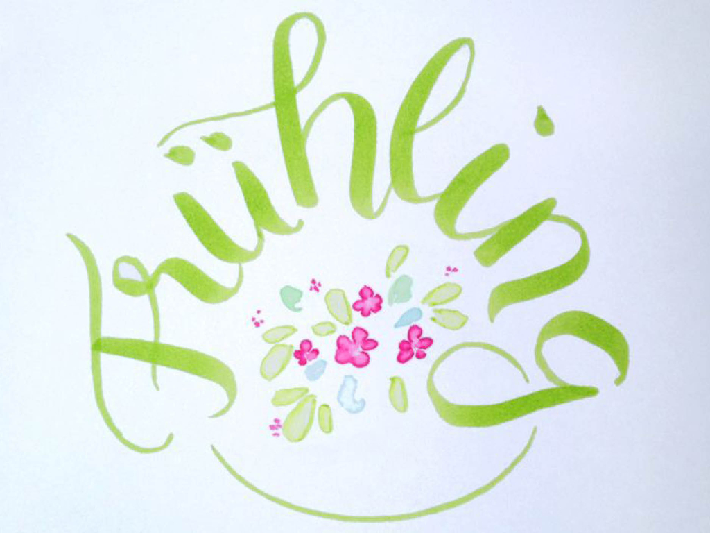 Eine Zeichnung mit dem Wort "Frühling" in Schönschrift