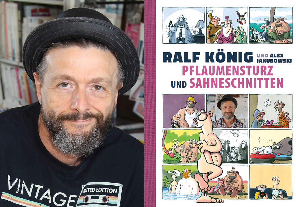 Portraitfoto des Comic-Zeichners Ralf König, daneben die Abbildung des Covers seiner neuesten Bucherscheinung