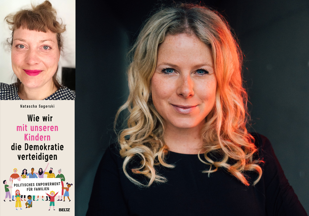 Collage, abgebildet sind die Autorin Natascha Sagorski, die Moderatorin Kathrin Sielker und das Buchcover von "Wie wir mit unseren Kindern die Demokratie verteidigen"