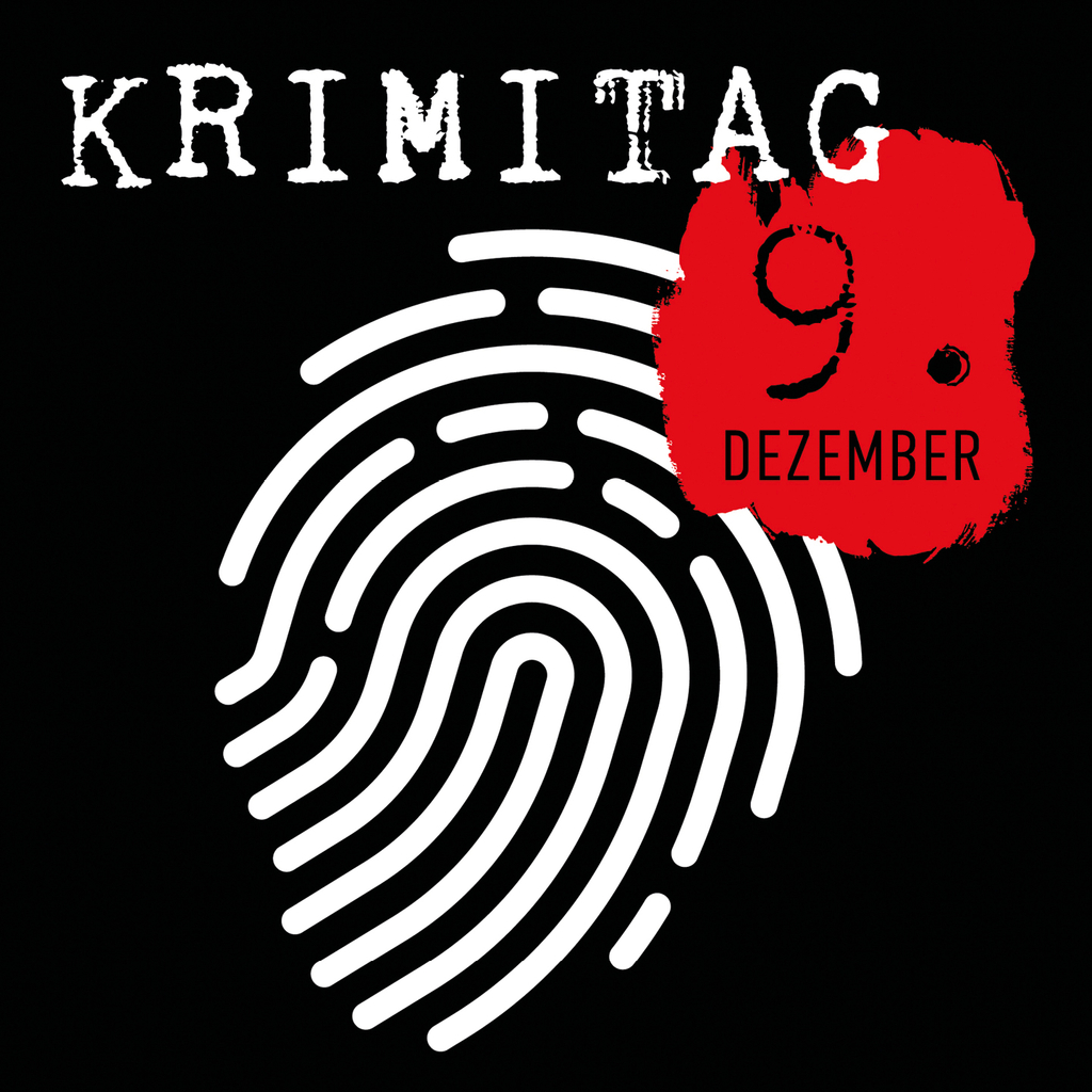 Logo des Krimitags: ein weißer Fingerabdruck auf schwarzem Hintegrrund mit einem Blutfleck, in dem das Datum 09. Dezember steht