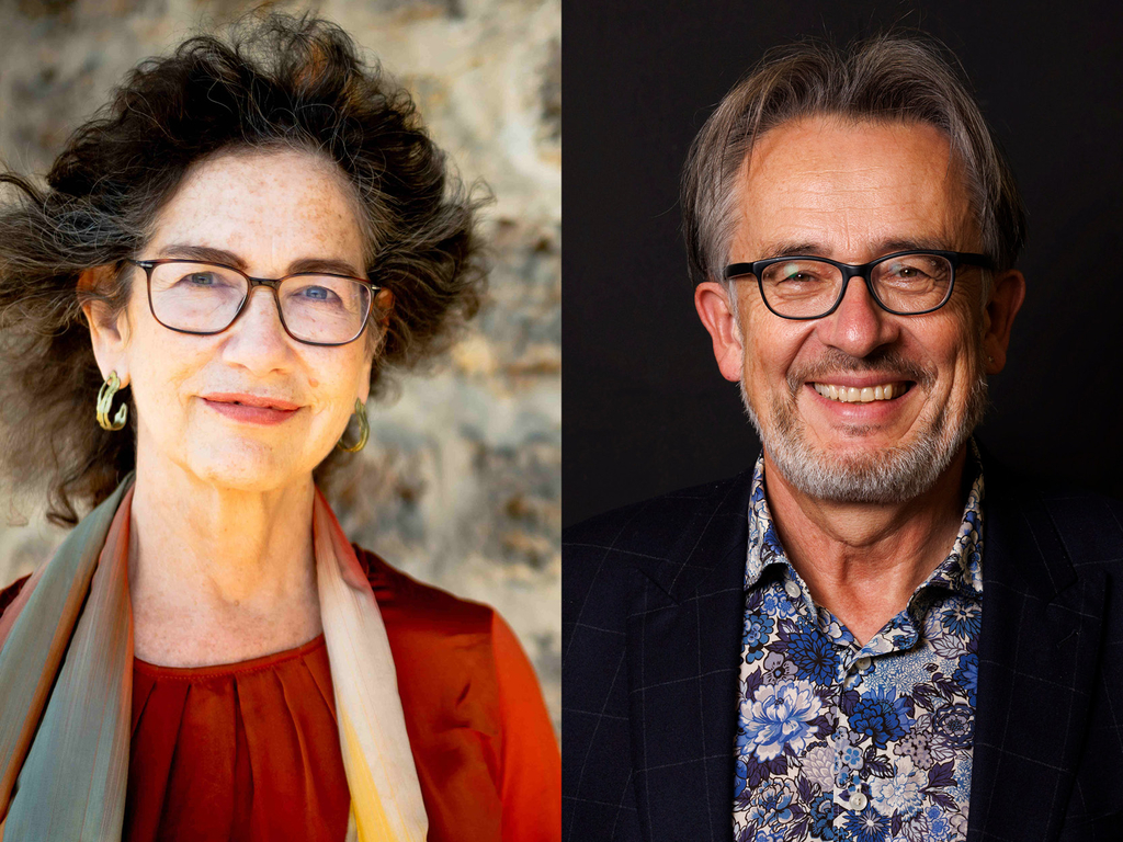 Collage aus zwei Porträtfotos: links Susan Neiman in roter Bluse, rechts Gert Scobel in dunkler Hemdjacke mit blau geblümtem Hemd