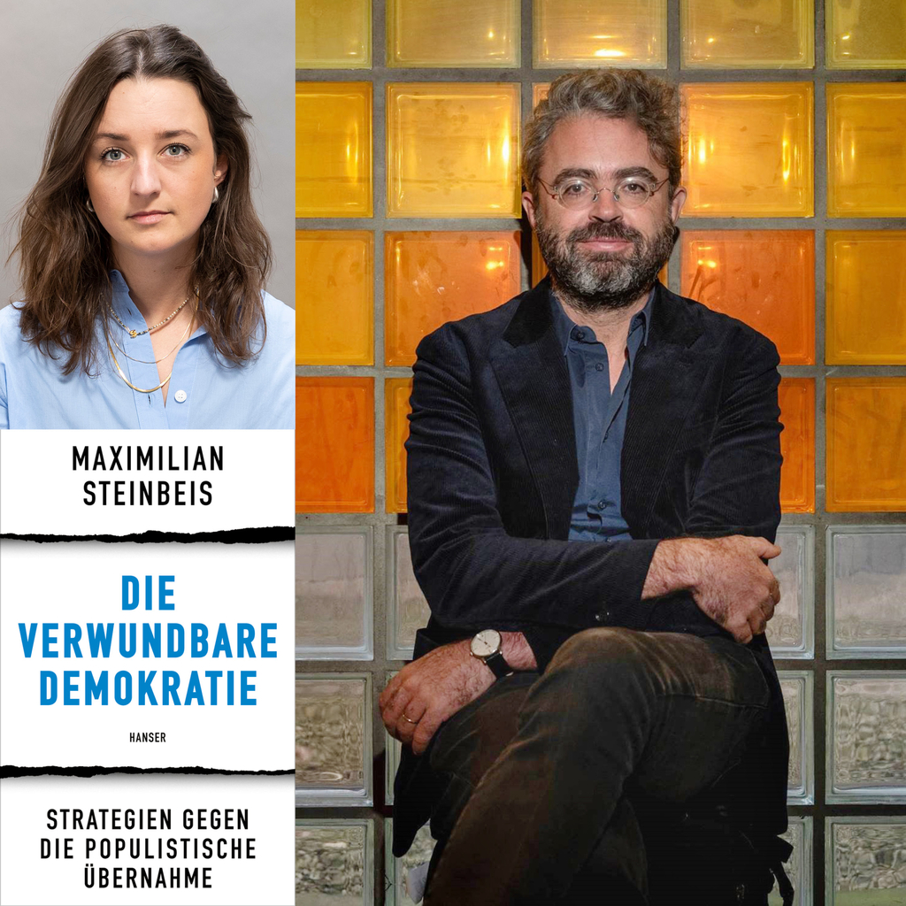 Collage aus Autorenportrait, Moderatorinnenportrait und Buchcover