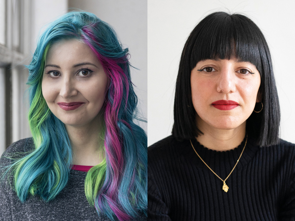 Collage mit Portraits von Melina Borcak (bunte Haare) und Fatima Remli (schwarze Haare)