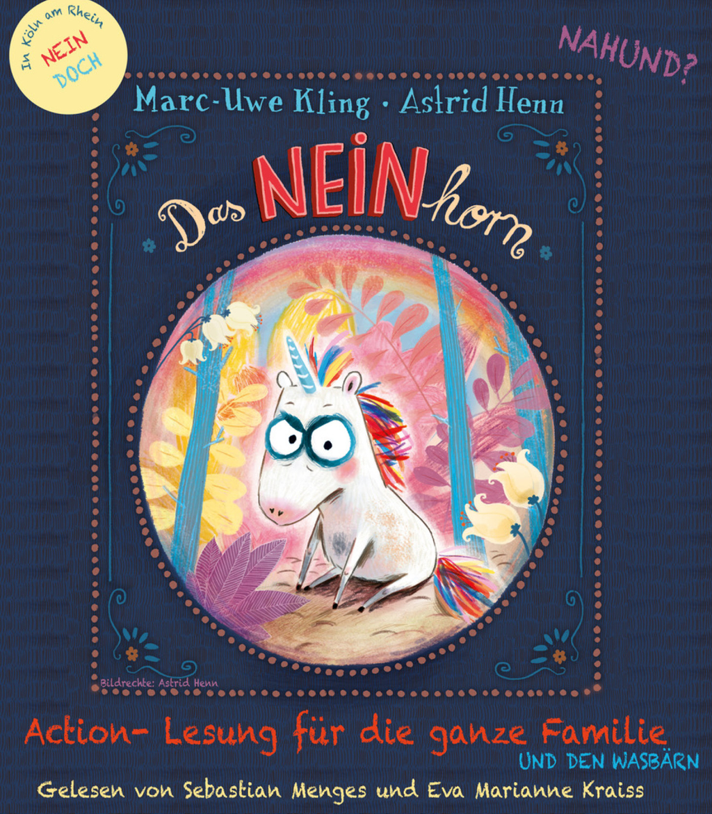 Buchcover des Buches "Das Neinhorn" mit Schriftzügen zu Veranstalstungshinweisen