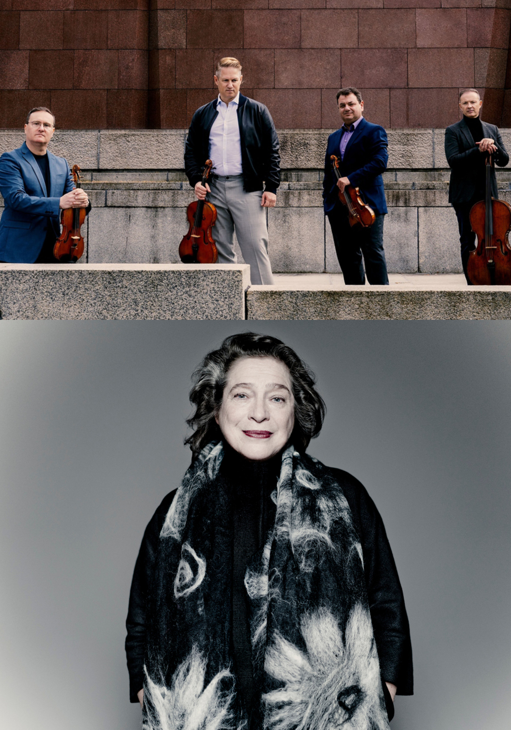 Eine Collage. Oben sind die vier Musiker des Jerusalemer Quartetts abgebildet, sie stehen mit ihren Streichinstrumenten vor einer steinernen Kulisse. Unten ist ein dunkel gehaltenes Portät von Elisabeth Leonskaja mit einem großen schwarzweißen Tuch um den Hals