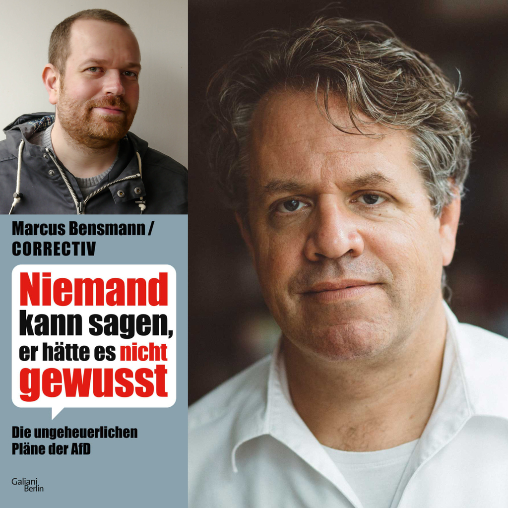 Collage aus den Fotos des Autors und des Moderators sowie der Abbilung des Buchcovers