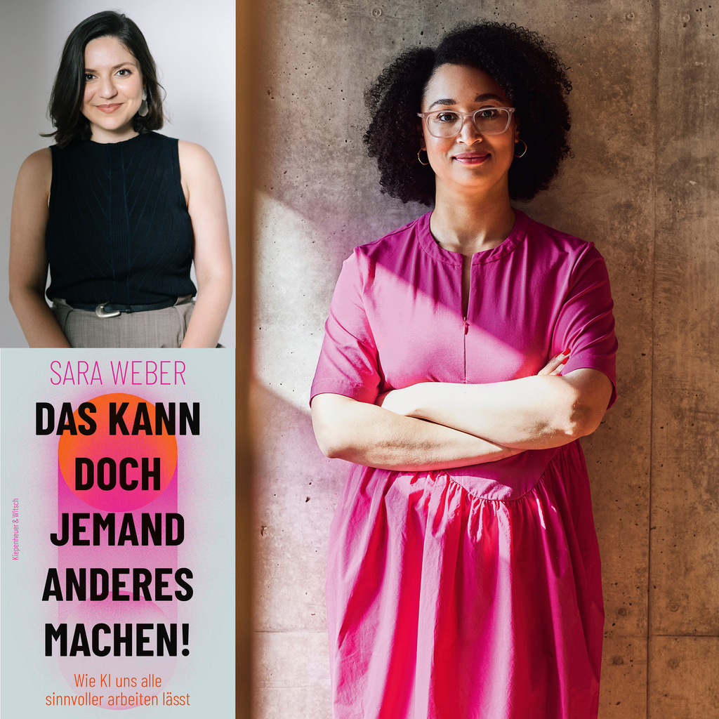 bunte Collage aus Portraits von Moderatorin und Autorin sowie dem Buchcover