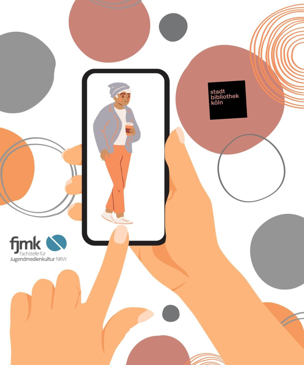 grafisch gestaltetes Werbeplakat zur Veranstaltung: Eine Hand hält ein Smartphone in der Hand, darauf eine Person mit einem To-Go Becher in der Hand. Zusätzlich die Logos der fjmk und Stadtbibliothek Köln