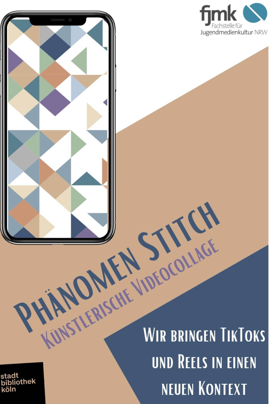 grafisch gestaltetes Werbeplakat zur Veranstaltung: ein Smartphone mit bunten Dreiecken im Display