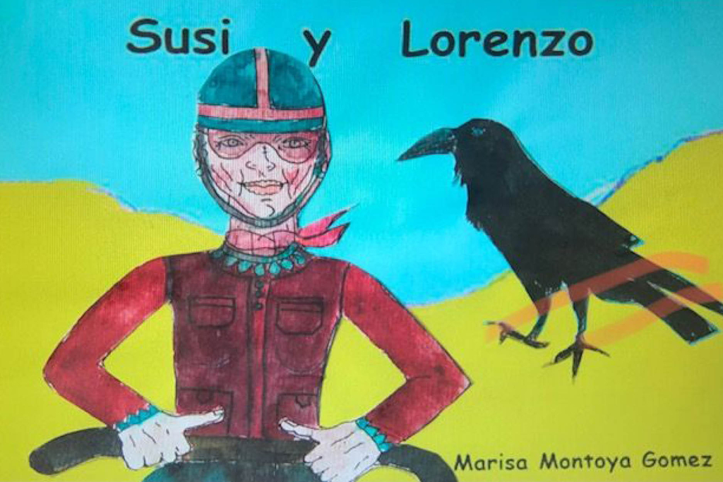 gemaltes Bild von einer Dame in Motorradkleidung und einem schwarzen Raben