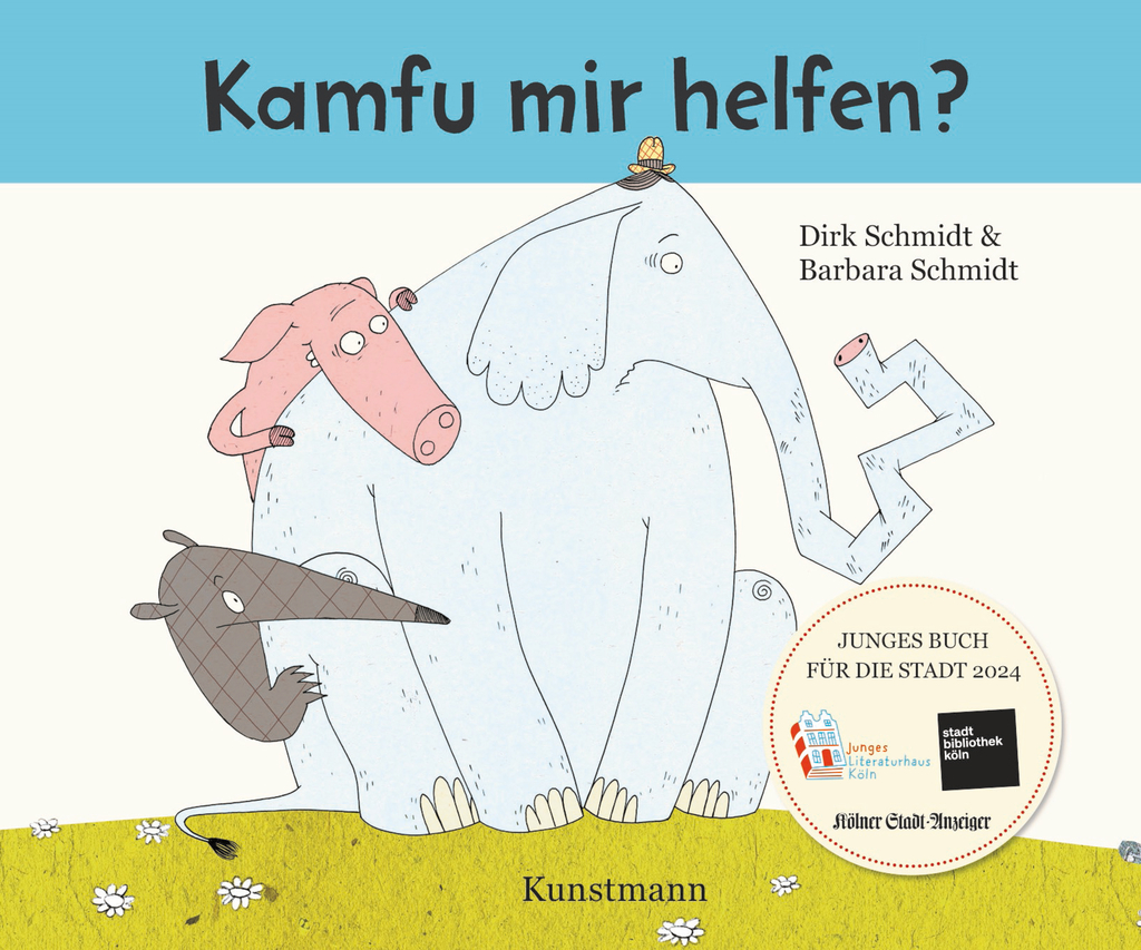 Buchcover von "Kamfu mir helfen" mit der Abbildung eines Elefanten und anderen Tieren