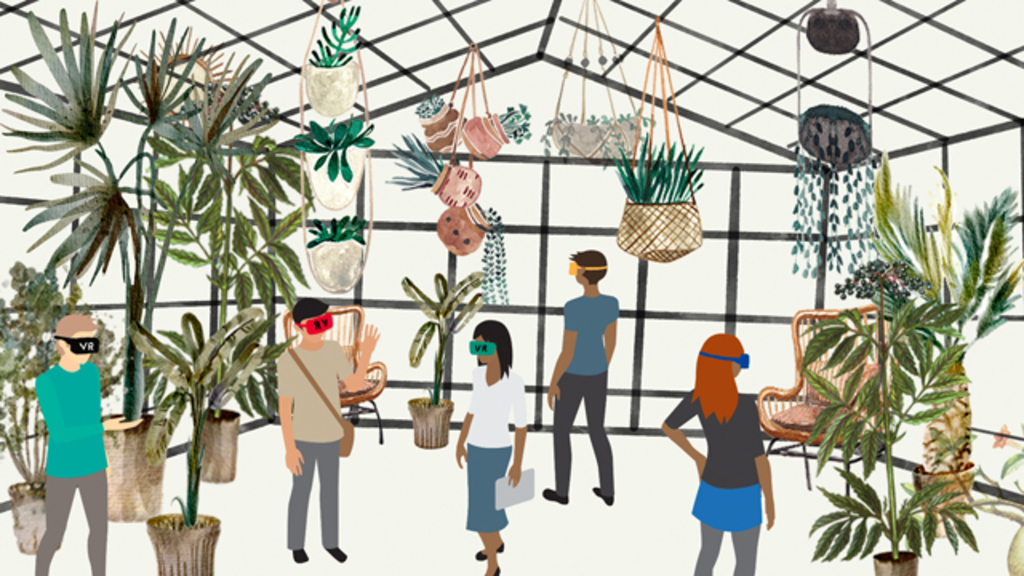 Zeichnung von Menschen mit VR-Brille in einem Glas-Gartenhaus
