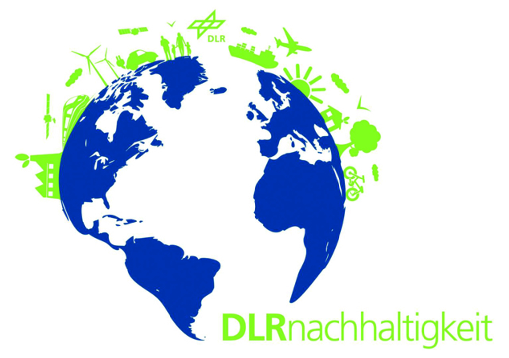 DLR Nachhaltigkeit - Weltkugel in blau, auf dieser stehen verschiedene Symbole wie ein Baum, Haus, Schiff, Menschen, Auto, Windrad, Fahrrad...
