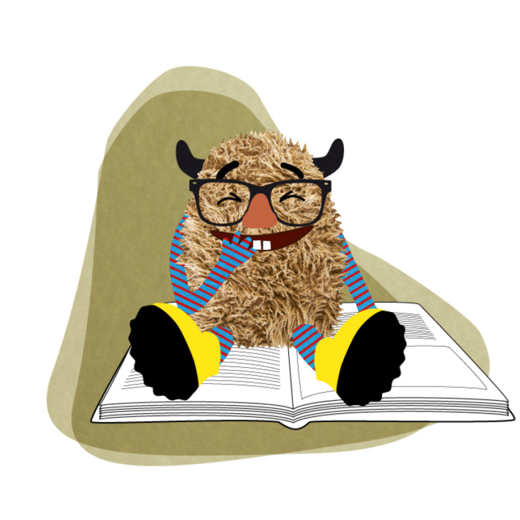 LeseMonster Liesbert sitzt lachend auf einem Buch