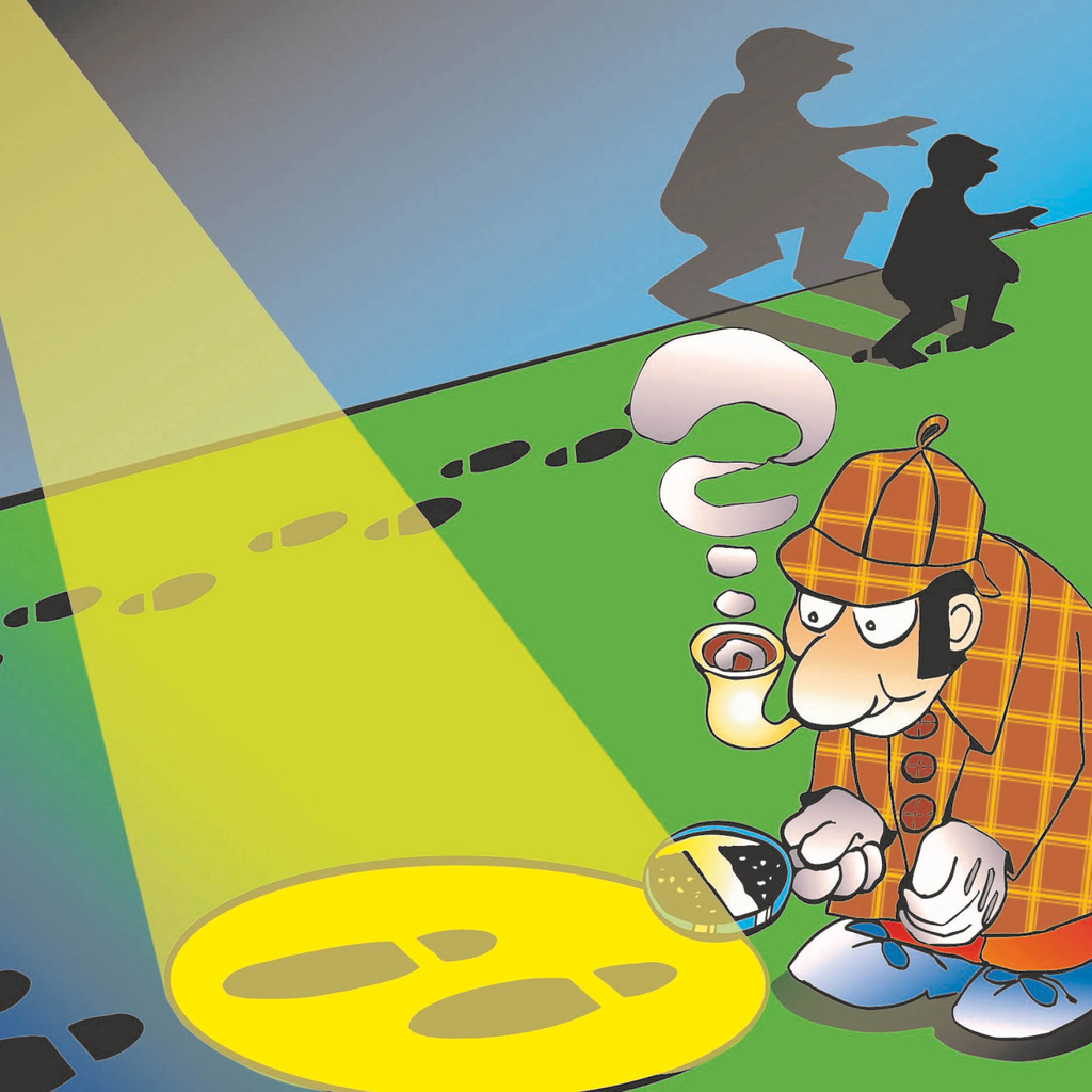 Grafik eines Detektivs der Spuren eines Diebes mit einer Lupe untersucht