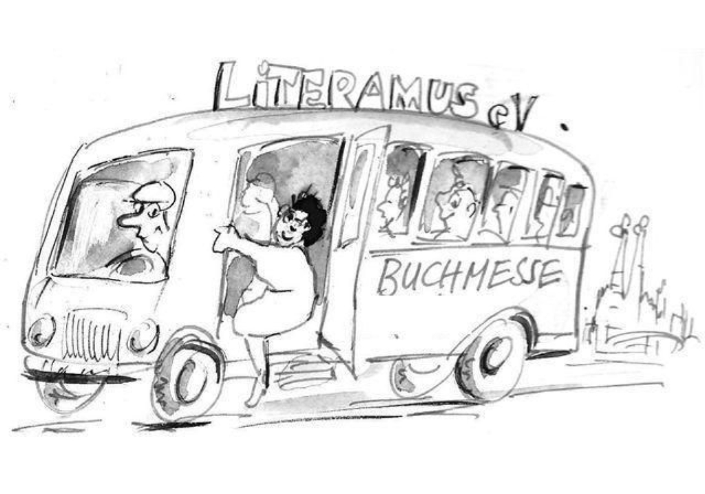 Illustration eines Busses, in den Menschen einsteigen, mit der Beschriftung "Buchmesse" und "Literamus e.V.", im Hintergrund ein kleiner Dom