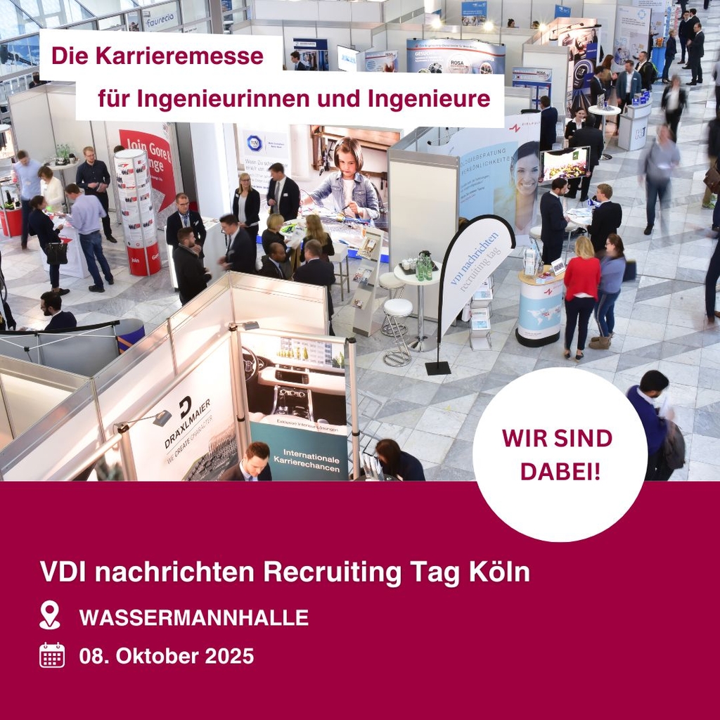 Sicht von oben auf eine gut besuchte Messehalle. Darüber der Schriftzug "Karrieremesse für Ingenieurinnen und Ingenieure". Im unteren Drittel des Bildes sind die Veranstaltungsaten "VDI nachrichten Recruiting Tag Köln, Wassermannhalle, 8. Oktober 2025"