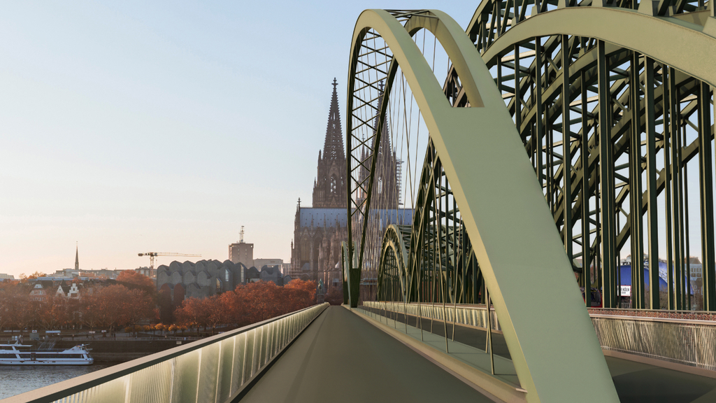 Zu sehen ist eine Visualisierung der geplanten Erweiterung der Hohenzollernbrücke. Hier liegt der Fokus auf dem Rad- und Fußweg.