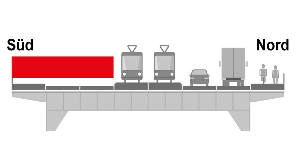 Zu sehen sind die geplanten Sperrungen auf der Mülheimer Brücke während der Bauphase 3 (in Rot).