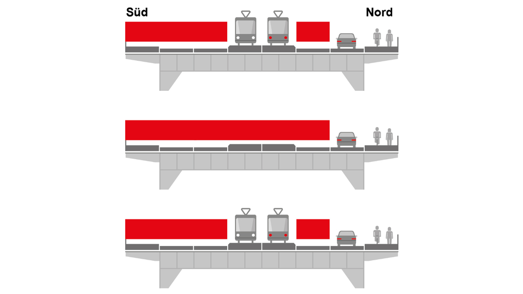 Zu sehen sind die geplanten Sperrungen auf der Mülheimer Brücke während der Bauphase 2 (in Rot). Diese Bauphase gliedert sich in die Phasen 2a, 2b und 2c.