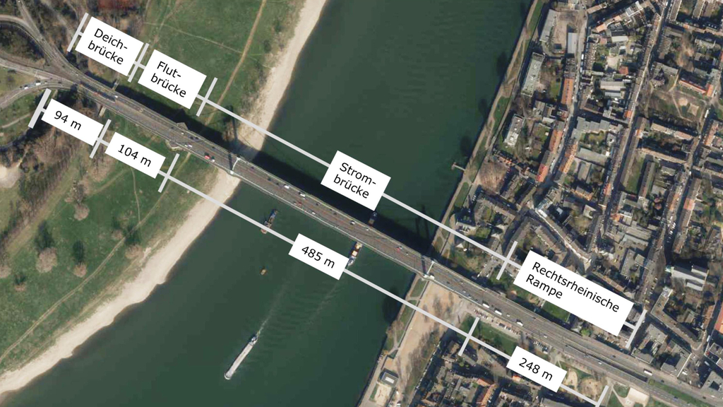 Luftbild der Mülheimer Brücke mit Bezeichnung der Teilbauwerke