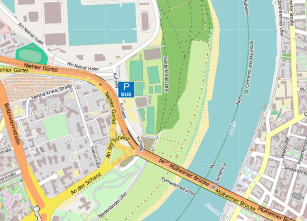 Stadtplanauszug mit dem Symbol für den Busparkplatz Kuhweg